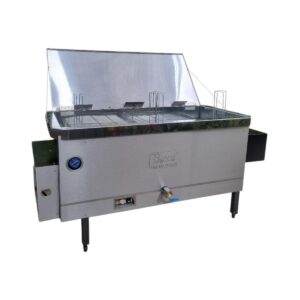 Byrd Automatic High-Production Fryer, stainless steel construction, front view of the equipment with double basket.