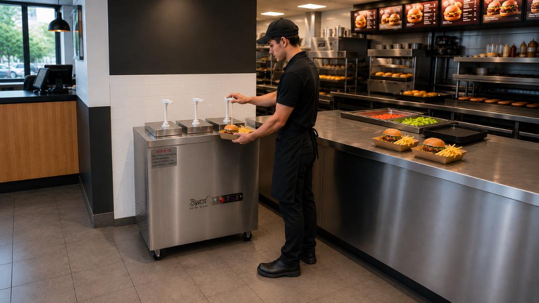 BYRD® Refrigerated Cold Sauce Dispenser in Foodservice BYRD® Refrigerated Cold Sauce Dispenser with 3 manual pumps, used in a professional gourmet kitchen for serving sauces on burgers and fries.