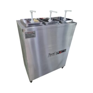 Byrd Refrigerated Cold Sauce Dispenser with 3 Manual Pumps and Stainless Steel Cabinet.