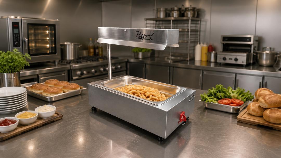 Mantenedor Térmico Gastronómico BYRD® en cocina profesional Mantenedor Térmico Gastronómico BYRD® en acero inoxidable con papas fritas, ubicado en una cocina profesional.